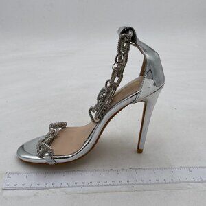 XYD Silver Rhinestones Open Toe High Heel Metal Ankle Chain Strap Sandals